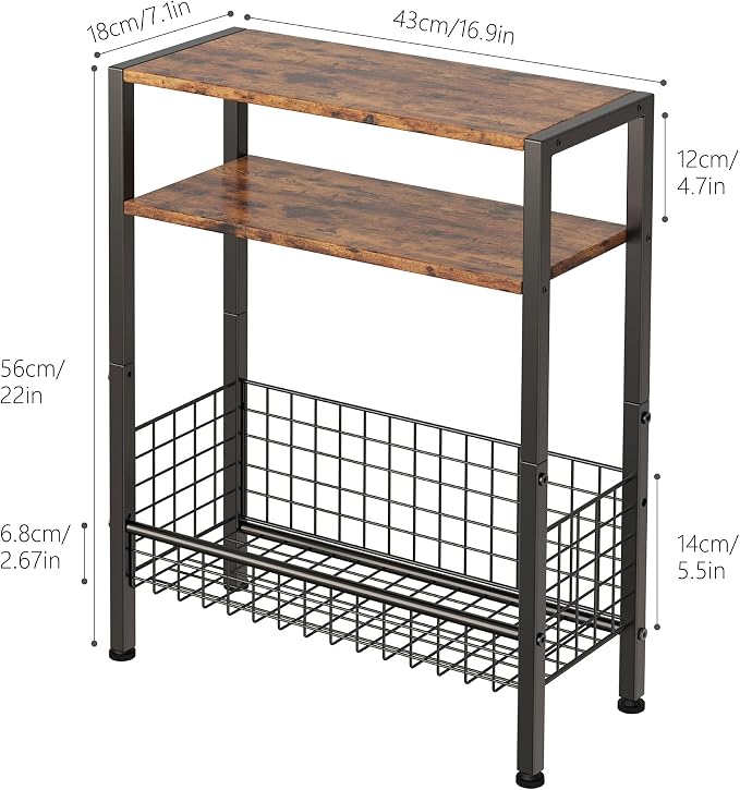DIY Narrow Side Table, 3 Tier End Table with Various Storage Basket, Slim Sofa Side Table for Small Spaces, Skinny Nightstand, for Living Room, Bedroom, Rustic Brown