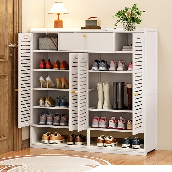 Shoe Cabinet with Louvered Doors, Freestanding Entryway Shoe Storage Cabinet with Drawer & Open Compartment, Modern Bamboo Shoe Rack Organizer with Thickened Adjustable Shelves for Closet