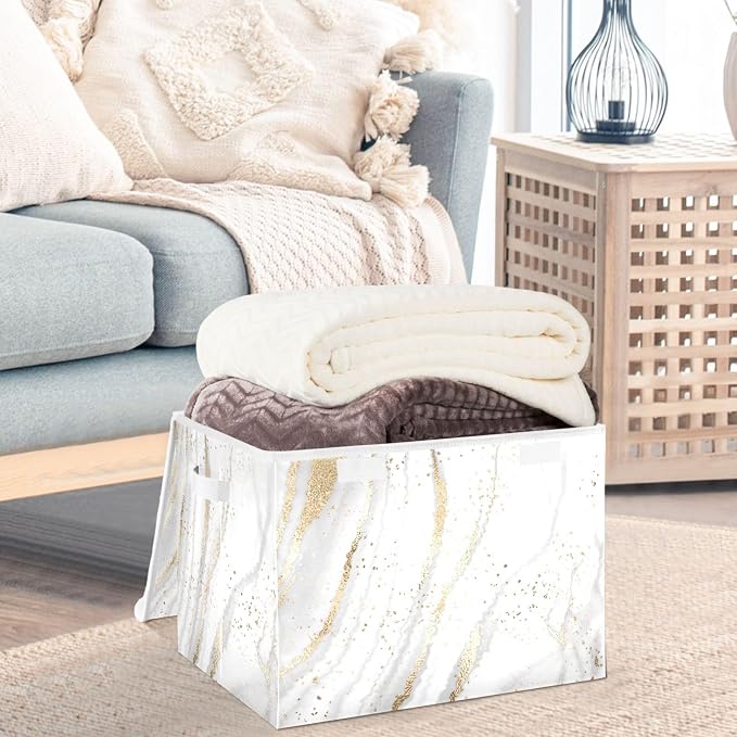CaTaKu Large Fabric Storage Bins With Lids, Gold White Marble Storage Boxes With Handles for Organizing Clothes, Collapsible Storage Cube Bins Baskets for Shelves