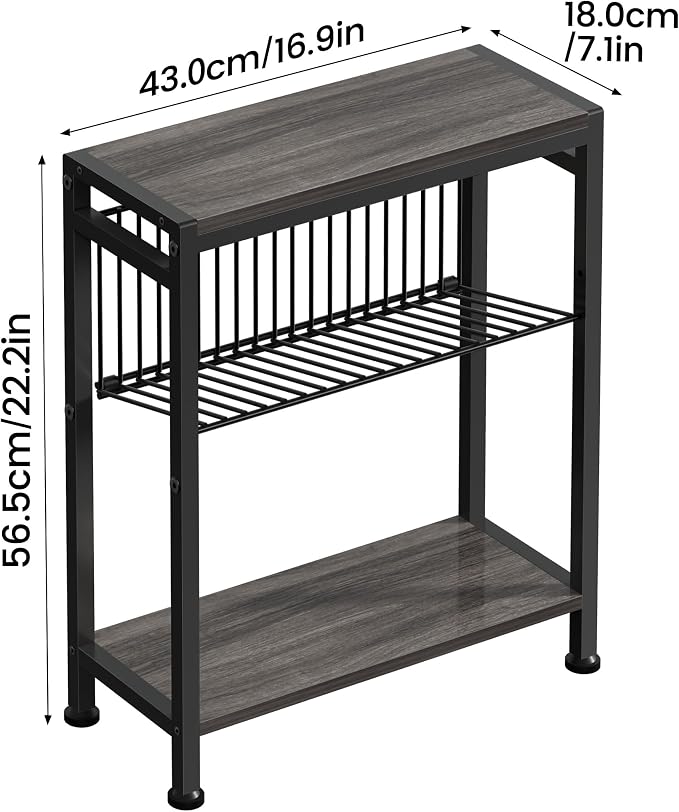 Side Table for Small Spaces, Narrow End Table with Magazine Holder, 2 in 1 Design Slim Side Table, Skinny Nightstand for Living Room Bedroom, Thin Side Magazine Table, Grey