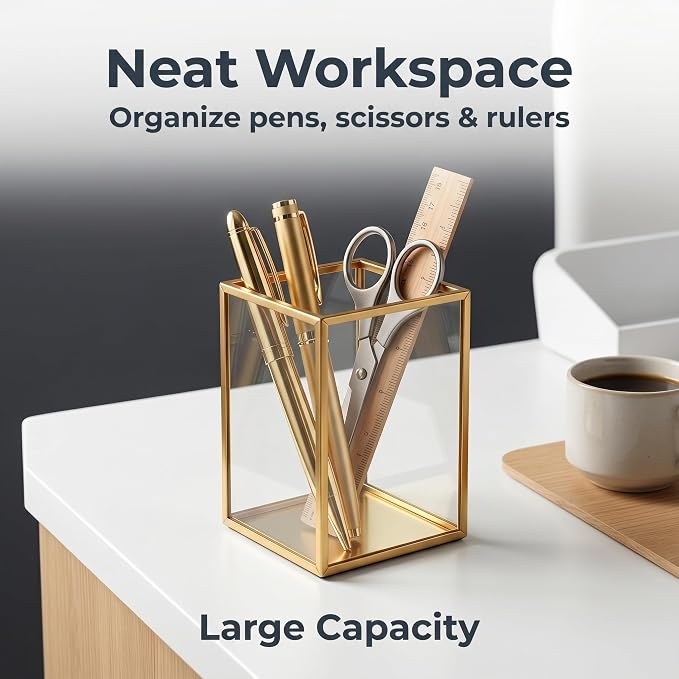 Feyarl Glass Pen Holder Set of 2pcs Clear Pencil Cup Desk Organizer Transparent Glass Office Supplies Holder for Pens Pencils Markers Makeup Brush Holder for Vanity Desktop (2.56 x 2.56 x 3.94 Inch)