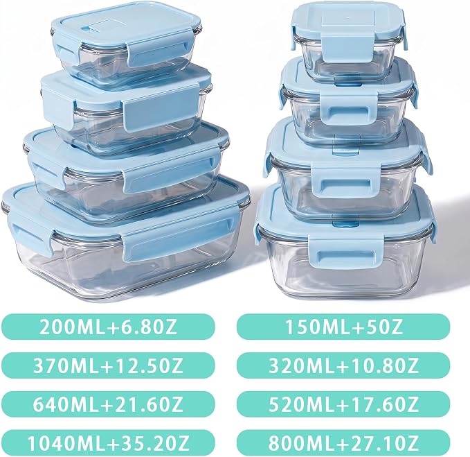 8 Pack Glass Meal Prep Containers with Lids, Glass Food Storage Containers with Snap Locking Lids, Airtight Lunch Containers for Microwave, Oven, Freezer and Dishwasher BPA Free (LightBlue)