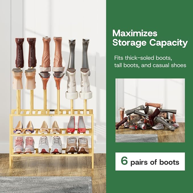 kiplant Tall Boot Rack Organizer - Bamboo Wood Boot Rack Shoe Rack for Entryway & Closet, Holds 6 Pair Tall Boots