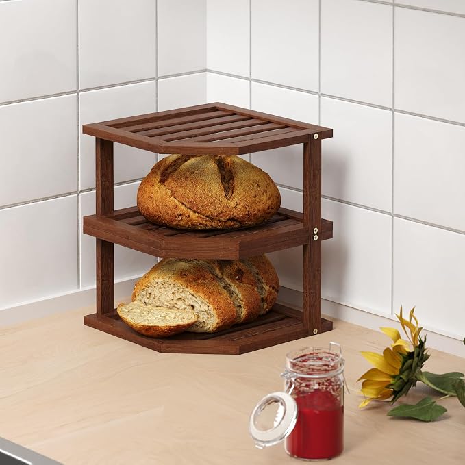 VERTORGAN Bamboo Corner Shelf(2 Pack),2 Tier Plate Organizer for Cabinet and Countertop,Pantry Dish and Spice Rack for Kitchen（Brown）