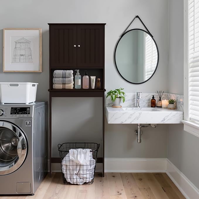 Over Toilet Storage Cabinet with Barn Door & Adjustable Shelves | 24 Inch Wide Bathroom Organizer, Space-Saving, Sturdy Wood, Anti-Tipping, Easy Assembly, for Restroom, Laundry, Small Spaces