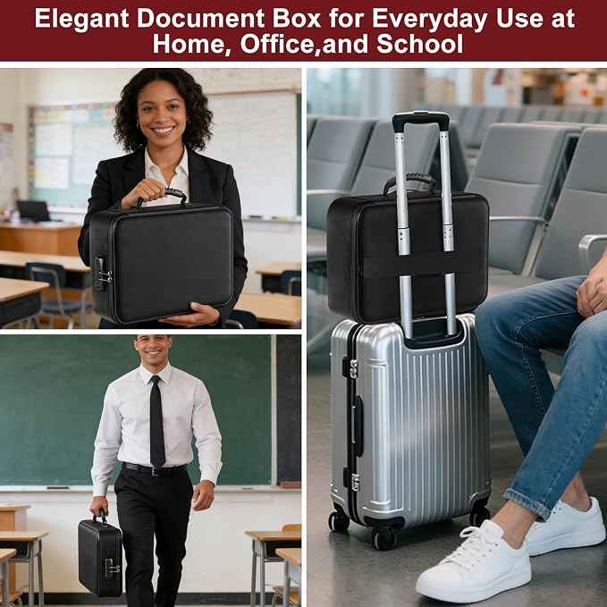 Fireproof Document Organizer Box with Lock for Important Documents | 8 Layers File Organizer, 5200°F Fire & Water-Resistant, Portable Home Travel Safe Storage, 15"x11"x4.1", Black, Soft
