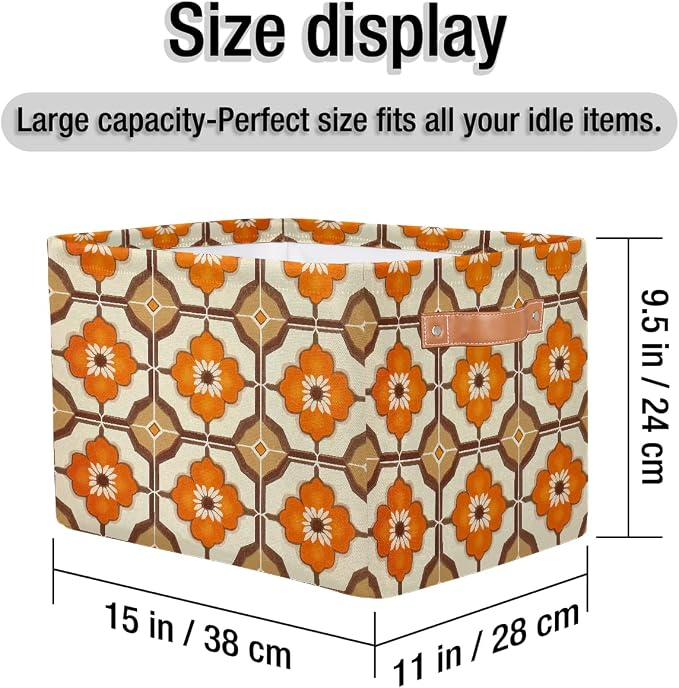 Rectangular Storage Baskets Brown Orange Flower Pattern Fabric Storage Bin Toy Organizer Box with PU Leather Handles for Room Decor
