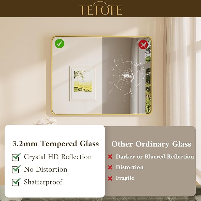 TETOTE 42 x 36 Inch Gold Mirror for Bathroom, Brushed Metal Frame Vanity Mirror, Brass Gold Rectangle Modern Decorative Wall Mirrors for Entryway Shatterproof (Horizontal/Vertical)