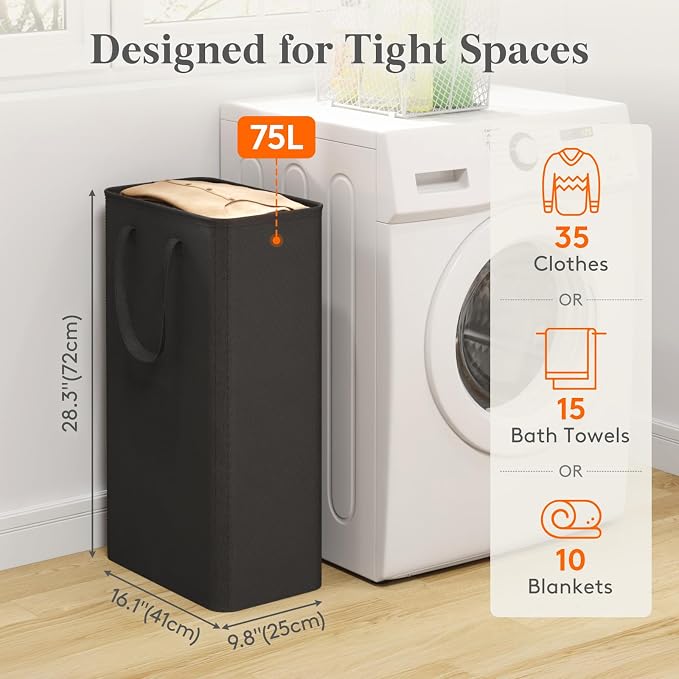 Lifewit Slim Laundry Hamper, Narrow Small Laundry Basket with Handle for Dirty Clothes, Collapsible Tall Thin Laundry Bin for Bathroom Bedroom Dorm College, 75L, Black
