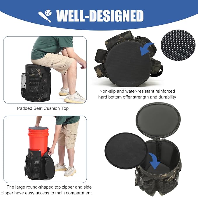 Baseball Bucket Bag 6 Gallon Multi Pockets Softball Coaching Equipment Bag | tactical Baseball Bucket Cover Organizer with padded Seat for Balls, Bat, Gloves, Scoreboards