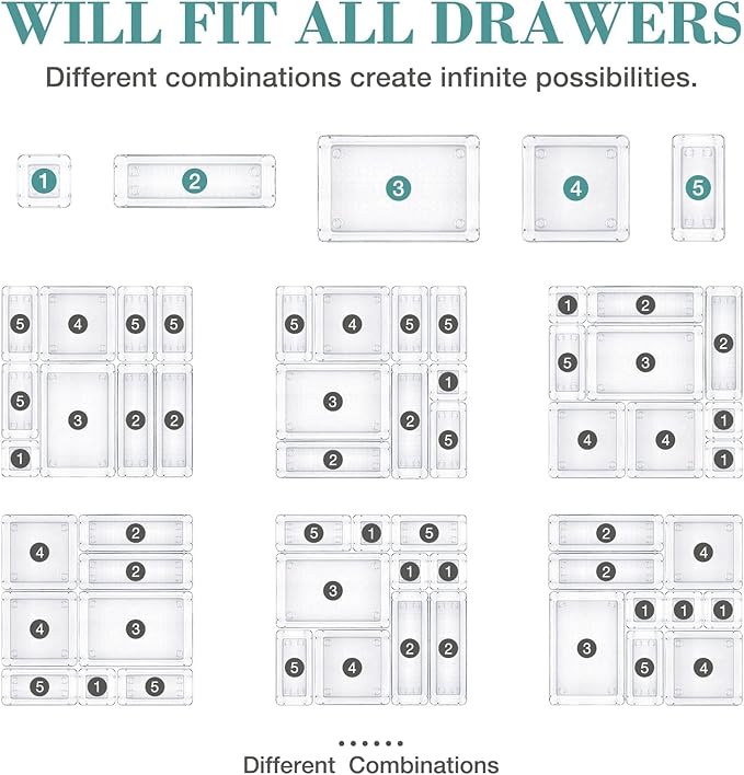StorMiracle 13 PCS Drawer Organizer Set, 5 Varied Size Bathroom and kitchen Drawer cabinet organizer Trays, Clear Storage Bins for Makeup, Jewelry, Utensils and Gadgets