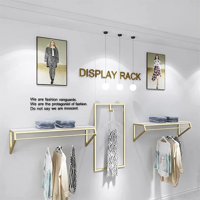Modern Simple Men's and Women's Clothing Store Heavy Duty Metal Display Stand,Wall-Mounted Garment Rack with Wood,Clothes Rail,Bathroom Hanging Towel Rack (Gold Square Tube, B-59 L)
