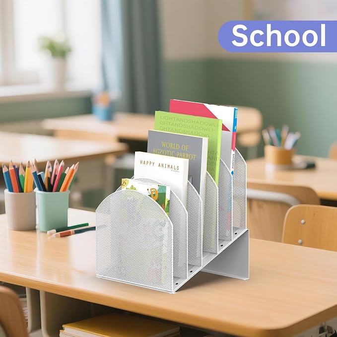 File Organizer for Desk, 5-Section Mesh Mail Holder, White | Mesh file organizer for desk, mail organizer and folder holder for A4/letter papers, notebooks, binders and office supplies