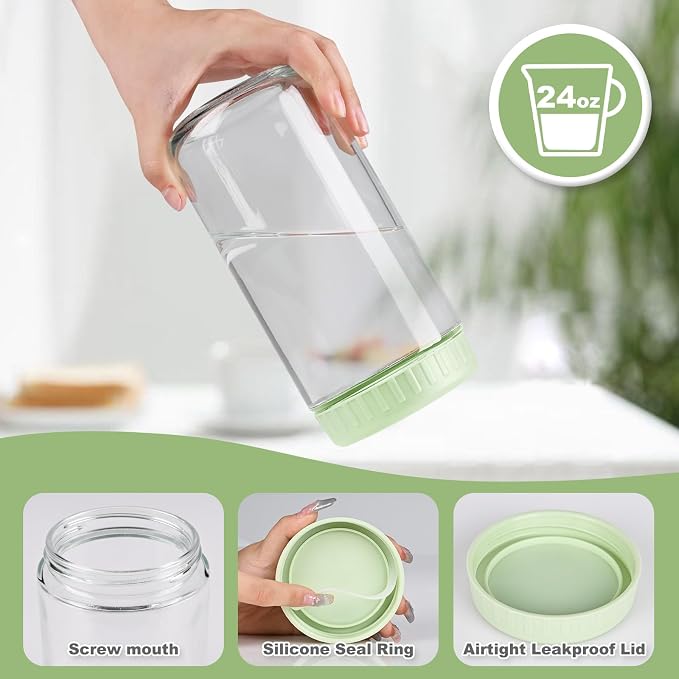SHOWIN Overnight Oats Containers with Lids, 24oz Glass Jars with Lids 8 pcs, Light Green, Wide Mouth Mason jars for Salad, Yogurt, Snacks, Meal Prep
