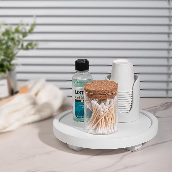Round Decorative Tray Farmhouse Kitchen Decor Soap Dish, 8" White | Waterproof, Lightweight, Easy Clean, Wood Riser Pedestal Stand Accessories for Office Desk, Vanity, Counter, Sink