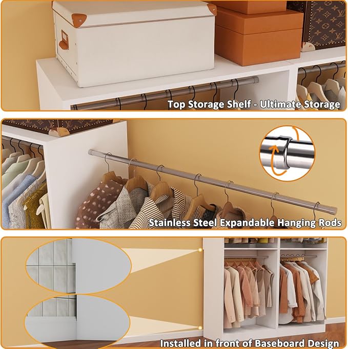 Closet System, 8FT Closet Organizer System Small Wood Walk-in Closet Freestanding System Corner Closets Shelf Storage with 12 Hanging Rods, Modular Closet Systems White (8FT)