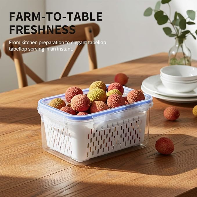 Fruit Storage Containers for Fridge with Removable Colander, Airtight Produce Storage Containers with Lids, Fridge Organizers and Storage for Berry, Fruit, Vegetables, Salad & Meal Prep (Blue, S)