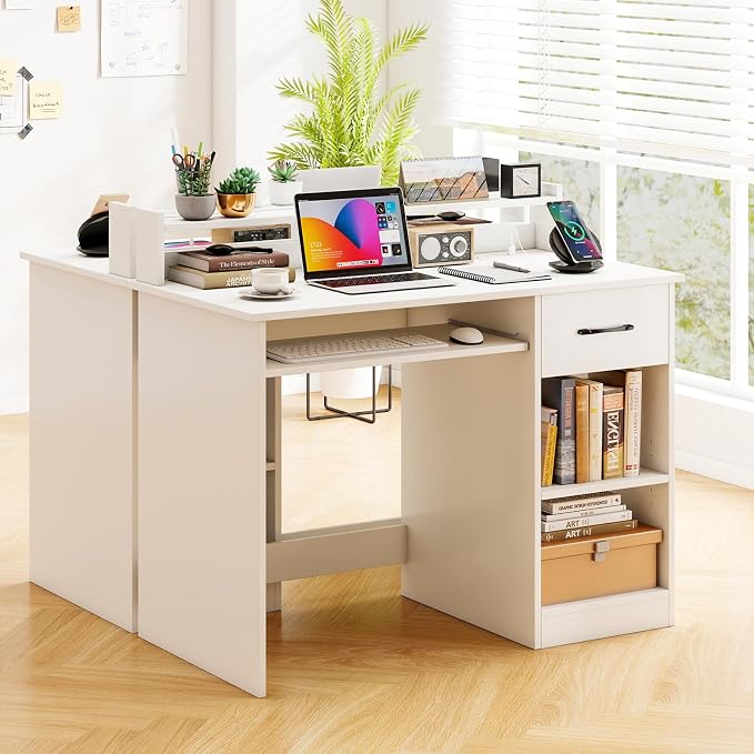 Tangkula White Desk with Drawer & Keyboard Tray, Home Office Desk with Built-in Charge Station & Adjustable Shelf, Study Writing Table with Hutch, Modern Computer PC Workstation