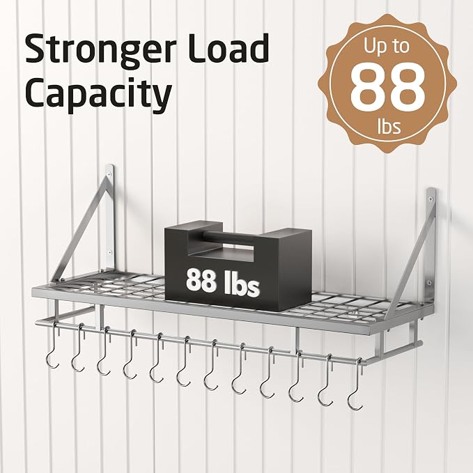 KES 30-Inch Silver Gray Pot Rack with 12 Sturdy Hooks, Wall Mounted | Holds 88 lbs, Cast Iron Pots and Pans Organizer, Kitchen Wall Hanging Hanger Shelves, Modern, KUR215S75A-SG