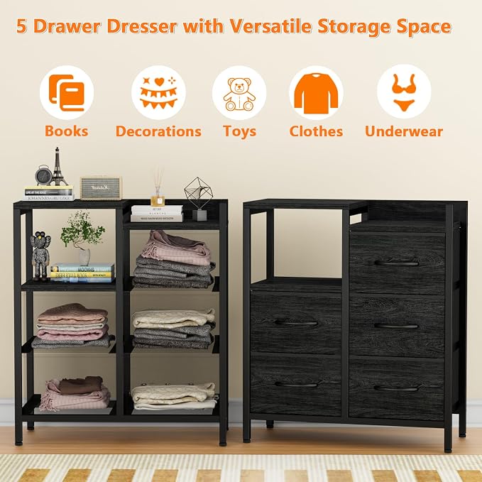 Furnulem Black Dresser for Bedroom, 5 Drawer Small Fabric Closet Dresser | Small Chest of Drawers, Storage Cabinet Organizer with 2 Tier Shelf, Drawer Units with Metal Frame, Dresser for Dorm, Hallway