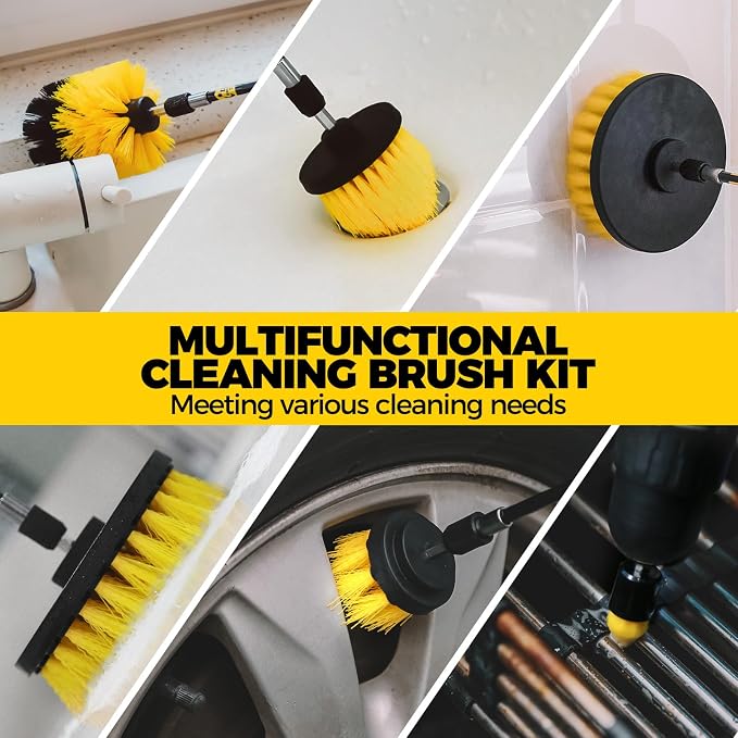 Holikme 40 Piece Drill Brush Attachment Set Scrub Pads Scouring Pads Power Scrubber Brush with Extend Long Attachment All Purpose Clean for Car Detailing，Grout, Tiles, Bathroom, Kitchen | 11 nylon brushes, 20 scouring pads, 5 sponges, 2 wool pads, 4-in...