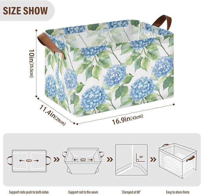 Watercolor Blue Hydrangea Flowers Storage Bins for Shelves with Labels&Handles Fabric Organizer Bin Foldable Rectangle Storage Basket Boxes for Closet, Bathroom, Home, Living Room, 2 Pack