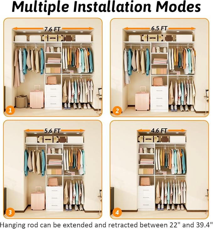 Closet System with Drawers, 5FT-8FT Closet Organizer System with Shelves & Adjustable Hanging Rods, 91.3" Walk in Closet System Storage Wood, White