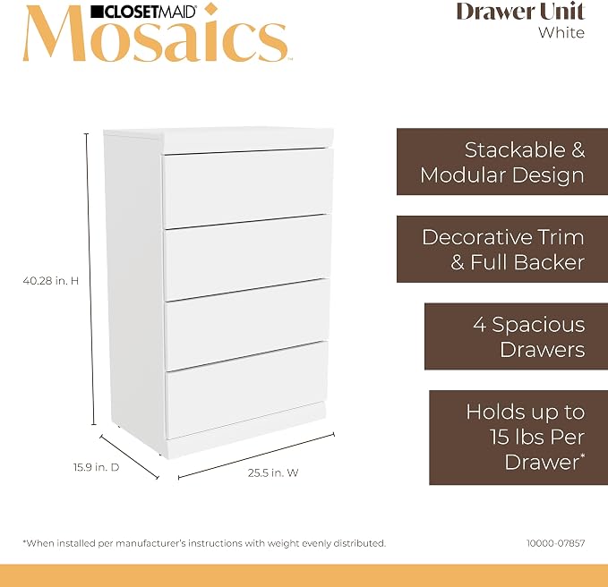 ClosetMaid Mosaics Storage Organizer Kit Includes; (1) 3-Shelf Unit, (1) 4-Drawer Unit, and (2) Shelf & Rod Units, White