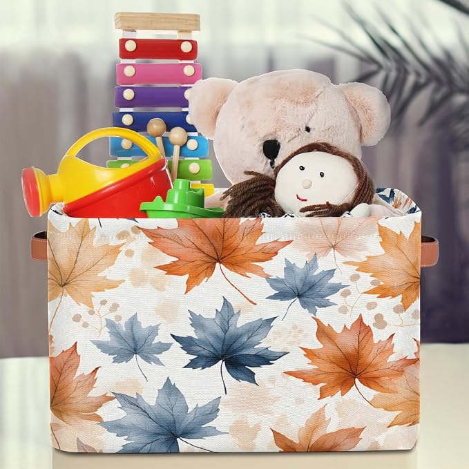 Rectangular Storage Bins Blue Orange Maple Leaves Collapsible Fabric Storage Basket Organizer with Handles for Nursery Bedroom Bathroom