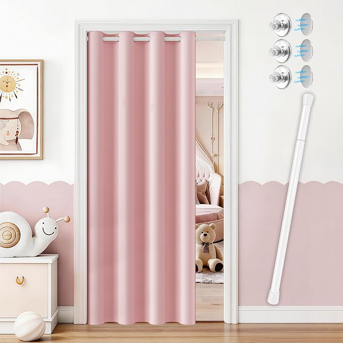 Vatge Door Curtains for Doorways Privacy, Magnetic Doorway Curtains with Rod, Temporary Door and Room Dividers for Bedroom/Hallway/Nursery, 1 Panel, W42 x L80, Pink