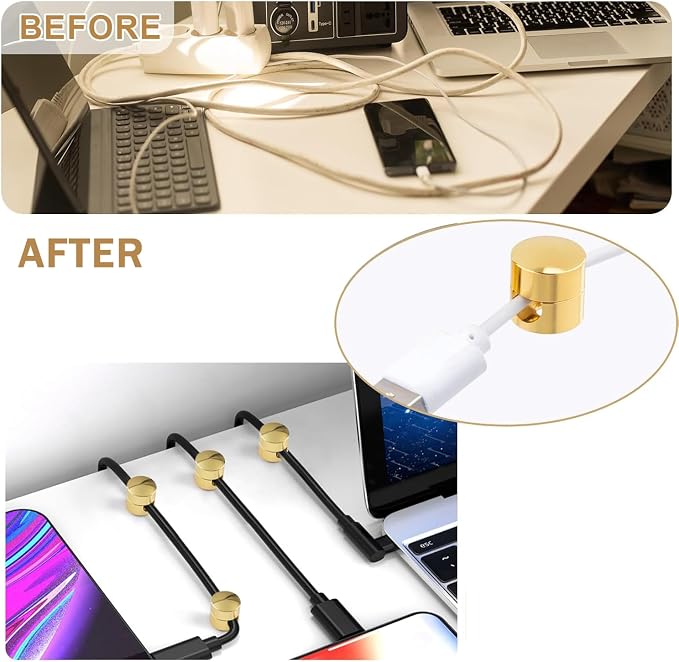 6 Sets Charger Cord Keeper Holder Stick on, Gold Metal Adhesive Cable Management Clips,Adjustable Phone Cable Anchor Holders,Wire Organizer for Desk, Wall, Home, Office, nightstand, Chandelier