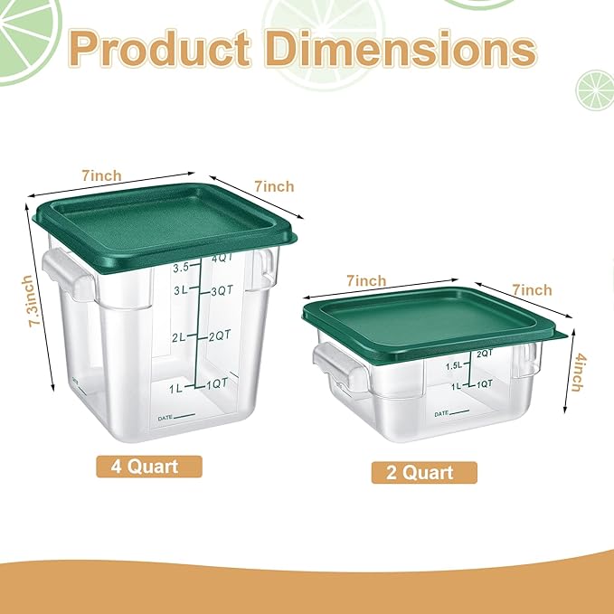 Barydat 4 Pcs Square Food Storage Containers with Lids Measurement Scales, 2qt & 4qt Clear Plastic Stackable Containers for Dough Proofing Baking Kitchen Restaurant and Pantry Organization(Green)