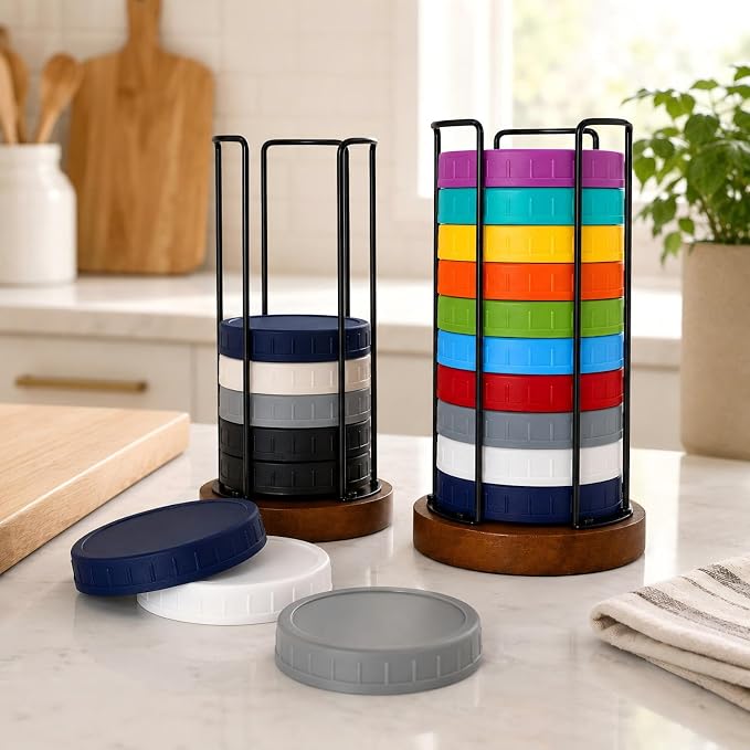 2 Pack Mason Jar Lid Organizer, Adjustable Cup Lid Holder for Cabinet & Countertop, Detachable Lid Storage Rack for Stanley, YETI, Simple Modern and Water Bottle Lids