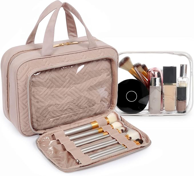 BAGSMART Toiletry Bag Hanging Travel Makeup Organizer with TSA Approved Transparent Cosmetic Bag Makeup Bag for Full Sized Toiletries, Large-Pink