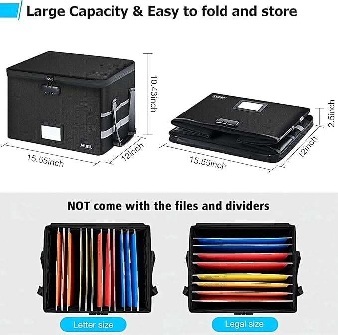 File Box with Lock, Fireproof Document File Organizer Box with Zipper & Adjustable Handle, Collapsible File Storage Box Home Office Safe Filing Cabinet for Hanging Letter/Legal Folder