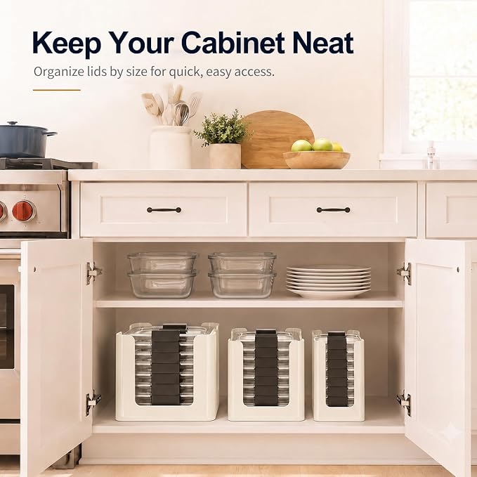 Food Container Lid Organizer for Rubbermaid Brilliance nap-on lids, 3-Pack Off white, Kitchen Cabinet Drawer & Pantry Storage
