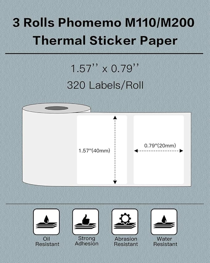 Phomemo Labels- 3 Rolls M110 Label Thermal Paper for M110/M220/M221/M120/M200, 1.57'' x 0.79'' (40x20mm)- Multipurpose Square Self-Adhesive Label, 320 Labels/Roll