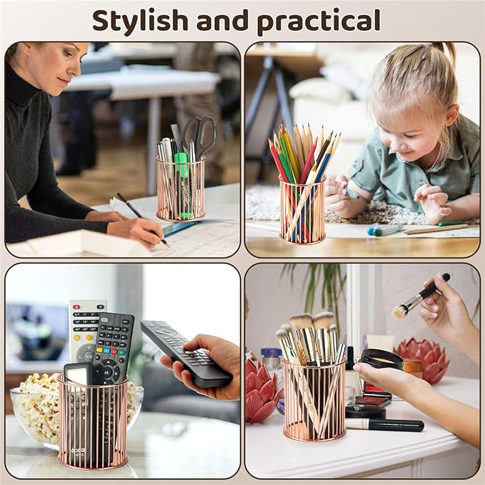 2 Sets Metal Pen Holder for Desk, Makeup Brushes Cup Holder, Pencil Holders, Pen cup, Home and Office Organizer, Rose gold