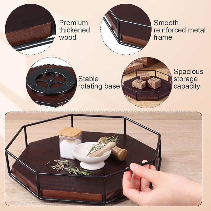 Sliner 12" Lazy Susan Turntable Organizer Octagonal Wooden Rotating Tray with Metal Guard Rail Farmhouse Storage for Cabinet Kitchen Table Countertop Pantry Dining Coffee Farmhouse Bathroom Vanity