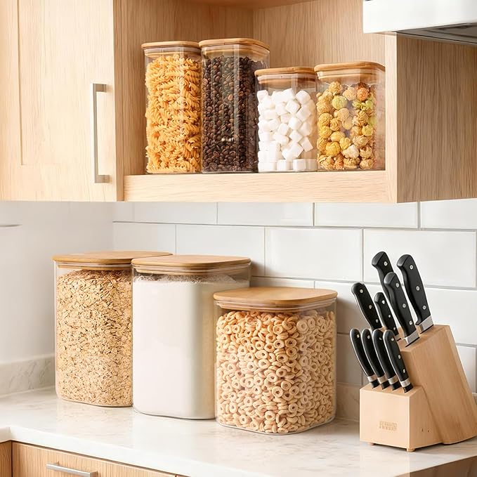 Glass Flour Containers with Lids 1 Gallon 2 Pack Pantry Organization | Wide Mouth, Scoop Included, Flour Sugar Coffee Beans Pasta Cereal Dry Food Storage,Large Capacity,Kitchen Organizer