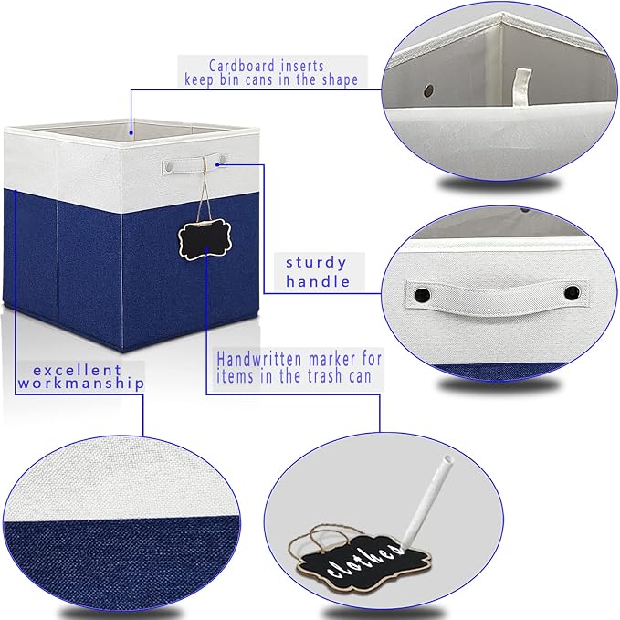 13x15x13 storage cube bins,Set of 4 Collapsible Fabric Storage Cubes with Labels,Linen Cube Storage Organizer Bins Kallax Storage Cubes for Organizing Home,Shelves,Cabinet,Clothes(White Blue).