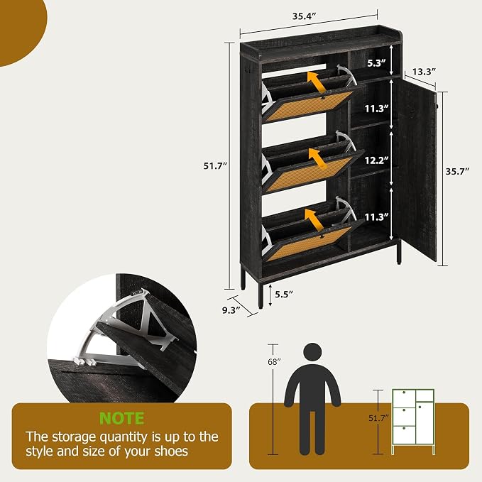 Garvee Shoe Cabinet with 3 Flip Drawers, Freestanding Shoe Organizer with 4-Tier Shoe Storage Cabinet and Adjustable Shelf & Rattan Doors,Narrow Shoe Rack Cabinet for Entryway, Closet, Hallway