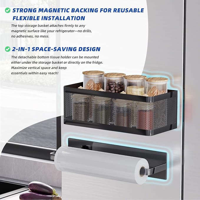 Magnetic Spice Rack for Refrigerator with Magnet Paper Towel Holder, Heavy-Duty Magnetic Shelf for Fridge, 2-in-1 Organization Shelf Sets for Kitchen, Washing Machine & Fridge Side, Black