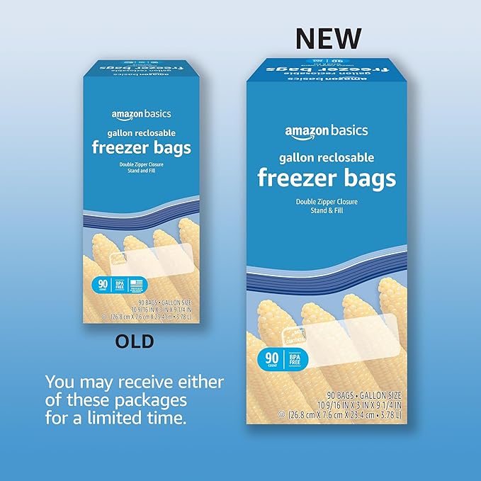 Amazon Basics Freezer Gallon Bags | Stand & Fill Base | 90 Count | Pack of 2