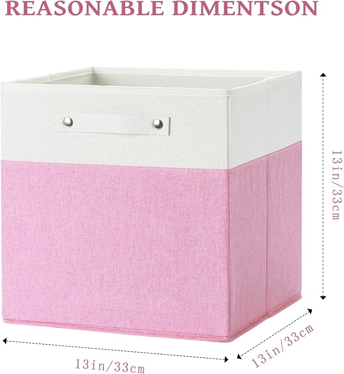 FinishingBo 13 x 13 Inch Fine Linen Storage Bins with Handles，Fabric Cube Boxs，Basket Organizers for Shelves for Home, Closet Drawers (White/Pink-4 Pack)