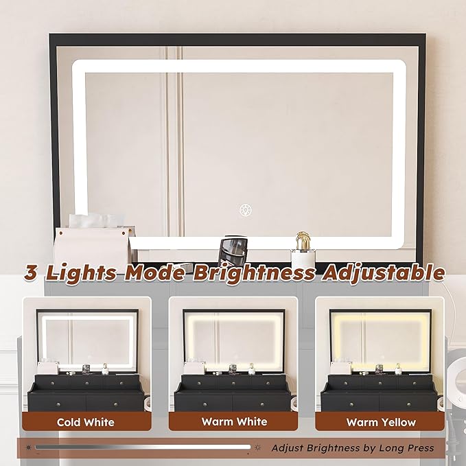 Small Vanity Desk with Mirror and Lights, Makeup Vanity Table with Large Mirror & 5 Drawers & Stool & Hair Dryer Holder, Dressing Table Set for Bedroom, Brightness Adjustable