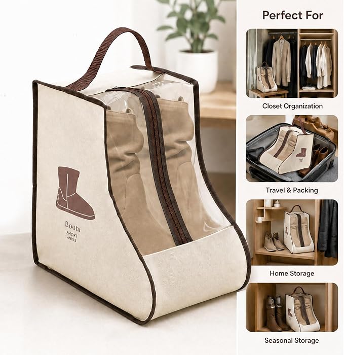 Boot Storage Bag Organizer,Dustproof Boot Bags for Cowboy Boots,Portable Travel Shoe Protector Bags,Tall Boot Covers Storage Organizer for Packing (2 Pcs Beige Widened Short)