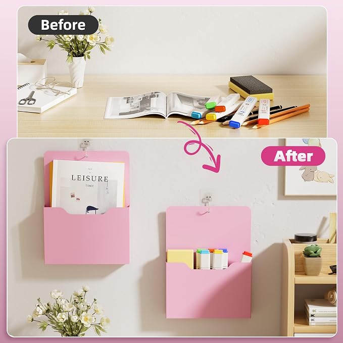 Marbrasse 2 Pack Magnetic File Holder - Paper Holder, Pocket Organizer,Hanging Wall File Organizer Office Supplies Storage, Magazine Mail Organizer Case for Notebooks,Planners,Letter (Pink)