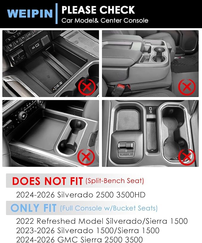 Silverado Sierra 1500 Console Liners - Compatible with Refreshed Models 2022-2026 Silverado/Sierra 1500 - [3D High-Edge Liquid Silicone] 6PCS Cup Holder Mats, Full Console w/Bucket Seats ONLY - Red