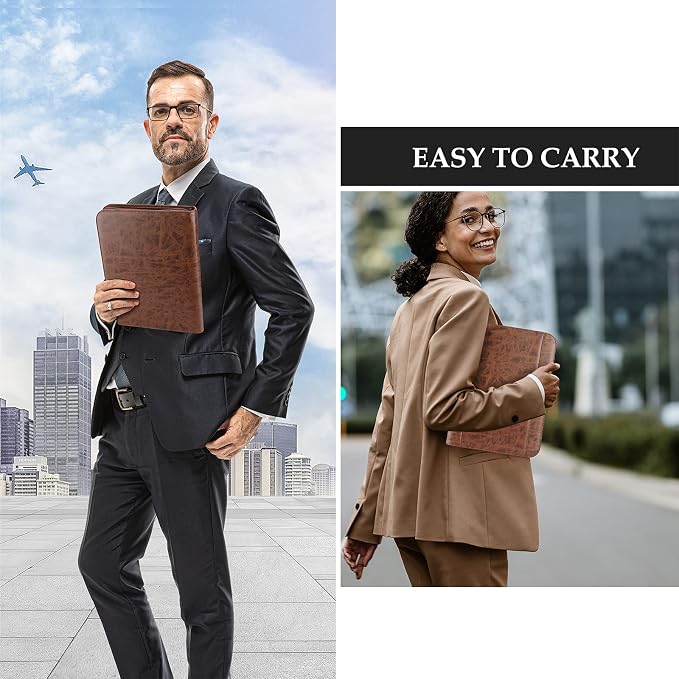 ProCase Portfolio Business Padfolio Folder with Zipper -Brown | Conference Meeting Executive File Legal Document Organizer with Pockets Letter Size A6 Writing Pad Notepad Padfolio